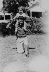 St. Louis, MO, 1953: Naomi Shihab (Nye) on the shoulders of her father, Aziz Shihab